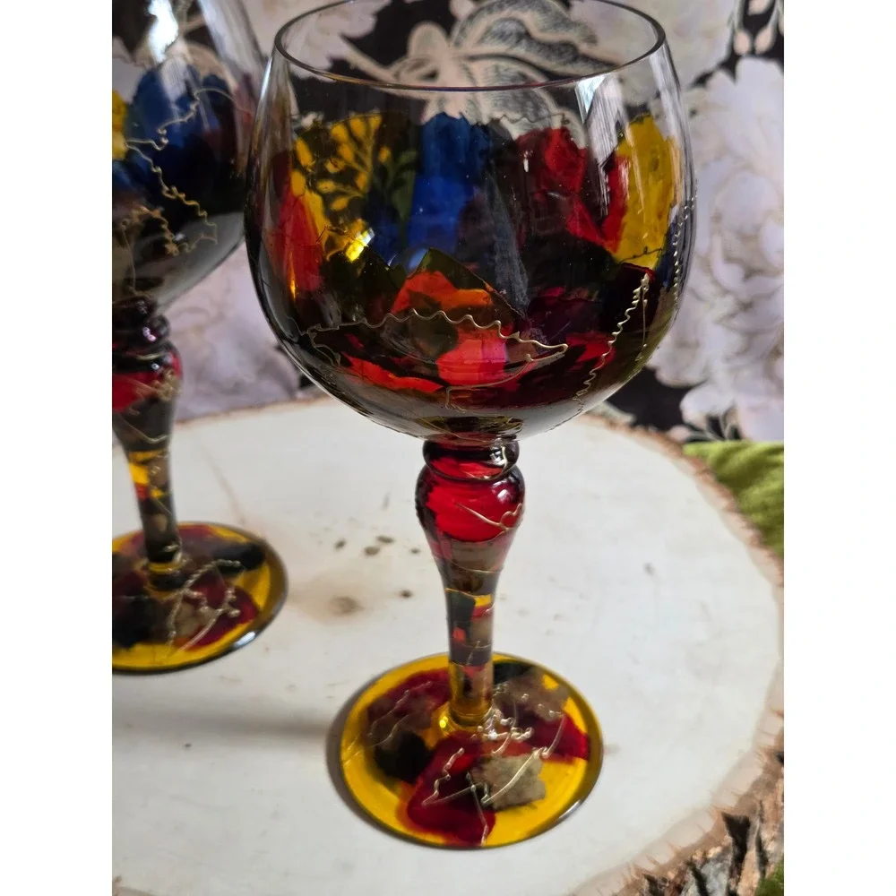 Euroglass‎ Stemware Hand Painted Abstract Wine Glasses Red Blue Yellow Gold Pair